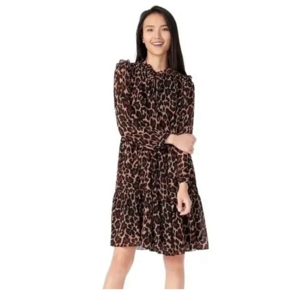 J Crew Tie Neck Tiered Dress in Leopard Chiffon S